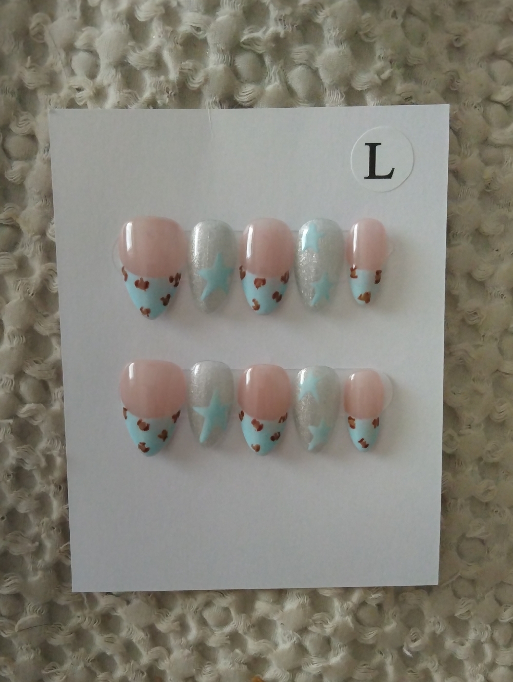 Pastel Blue Star & Leopard Press-On Nail Set 2.0 Short Size L